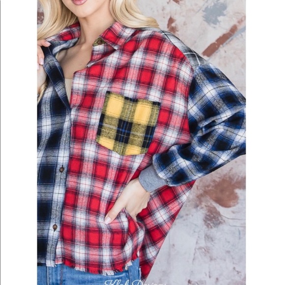 New! Sale 🎉 Reverse Multi Plaid Flannel Button down top shirt - Picture 3 of 6